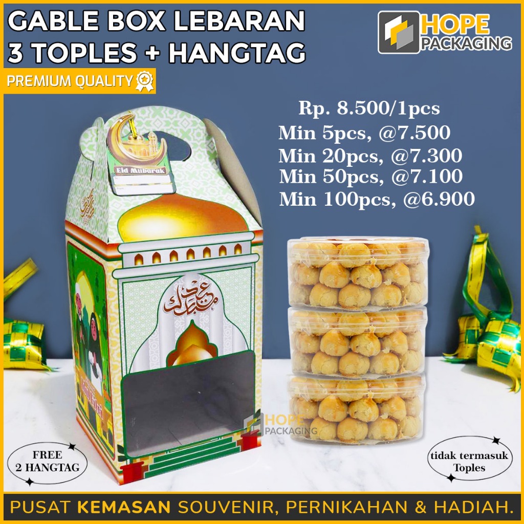 

Gable Box Idul Fitri / Kotak Kue Nastar Isi 3 Toples 450gr /Gable Box Natal / Box Motif Natal / Gable Box Kue Natal 3 toples / Kotak Hampers Kue Natal