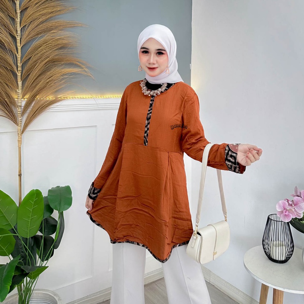 ART M58C Atasan Wanita Fashion Tunik Motif Polos Kombinasi Batik Kain Polo Linen