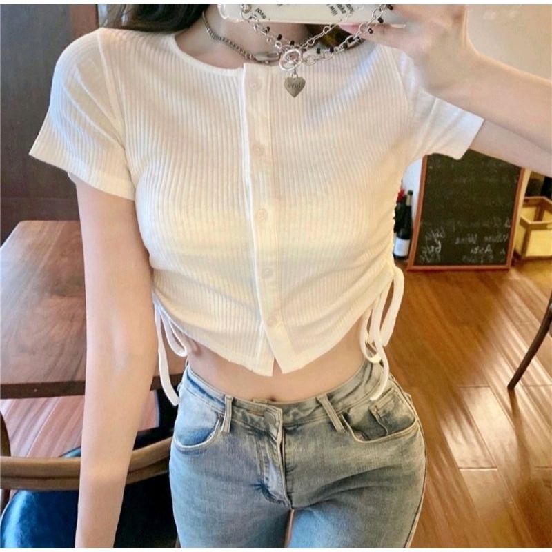 ATASAN WANITA RAJUT SERUT TALI SAMPING KOREAN KAOS SERUT ATASAN WANITA