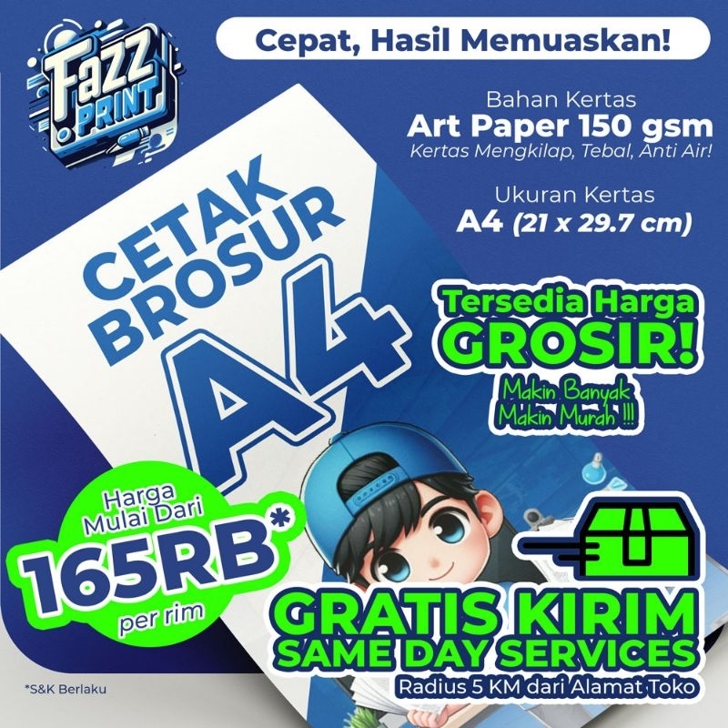 

Cetak Brosur A4 Art Paper 150 gsm per Rim 1 Sisi / 2 Sisi, Tanpa Minimum Order