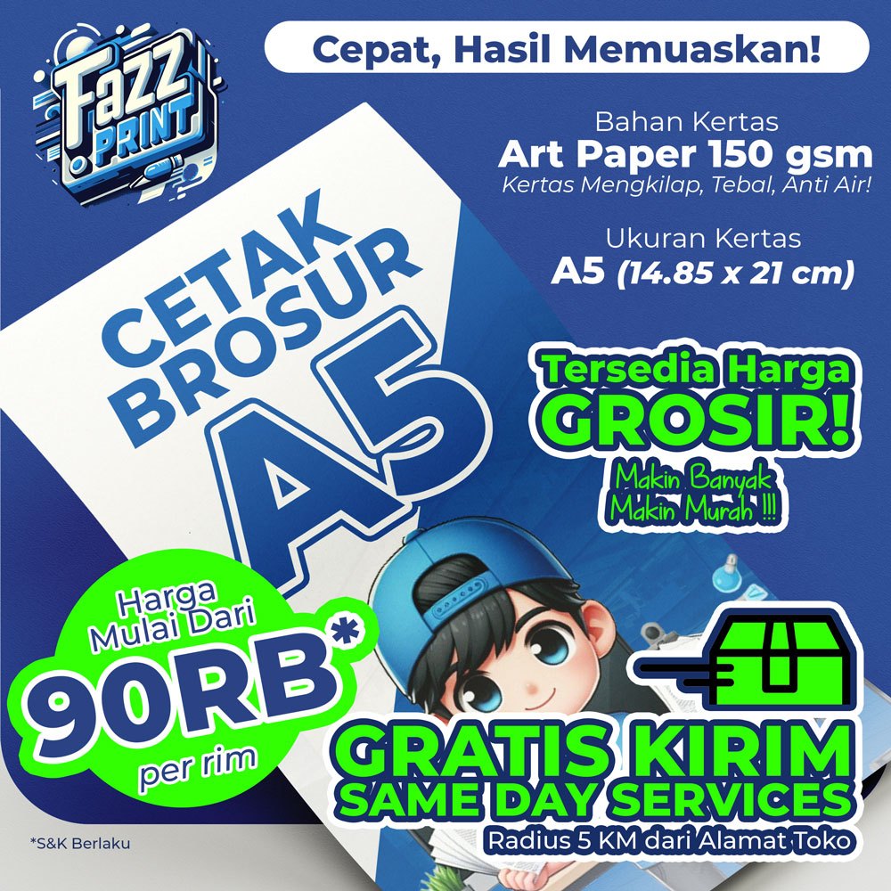 

Cetak Brosur A5 Art Paper 150 gsm per Rim 1 Sisi / 2 Sisi, Tanpa Minimum Order