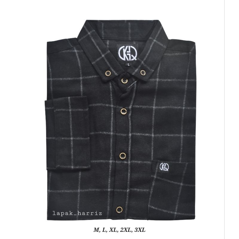Kemeja Flanel Unisex Kemeja Cowok Cewek Kemeja Pria Kotak Lengan Panjang Hitam Garis