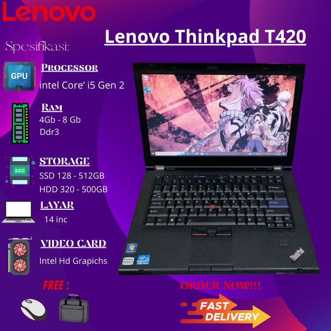 Laptop lenovo Thinkpad T420 Core i5 Ram 8GB  Ssd 512GB Layar 14 inci TERMURAH