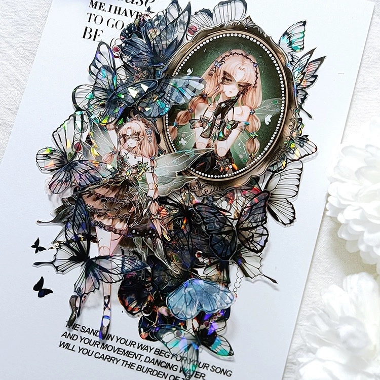 

(Kiricart) Stiker Premium Dark Moth girl PET Tape DIY Journal Scrapbook