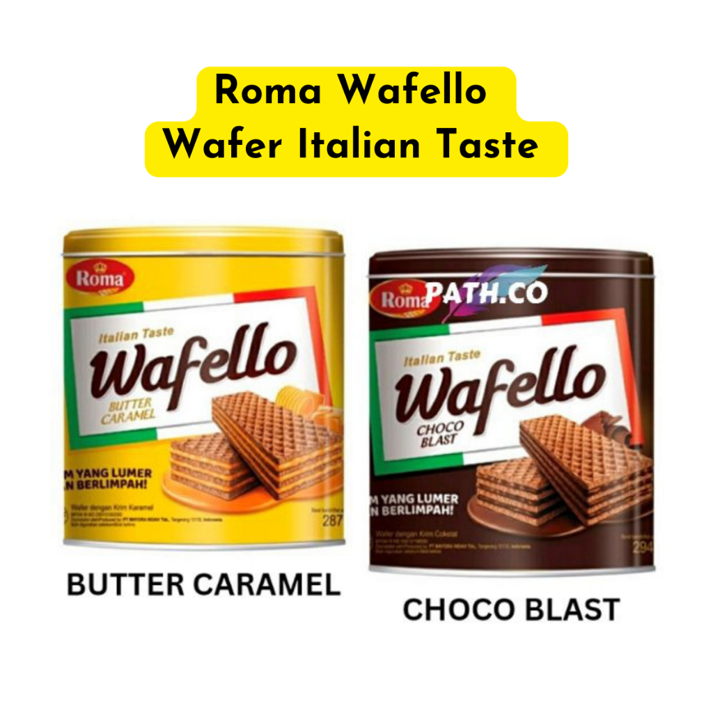 

Roma Wafello Wafer Italian Taste Kemasan Kaleng 228gr & 234gr | Wafello Butter Caramel / Choco Blast