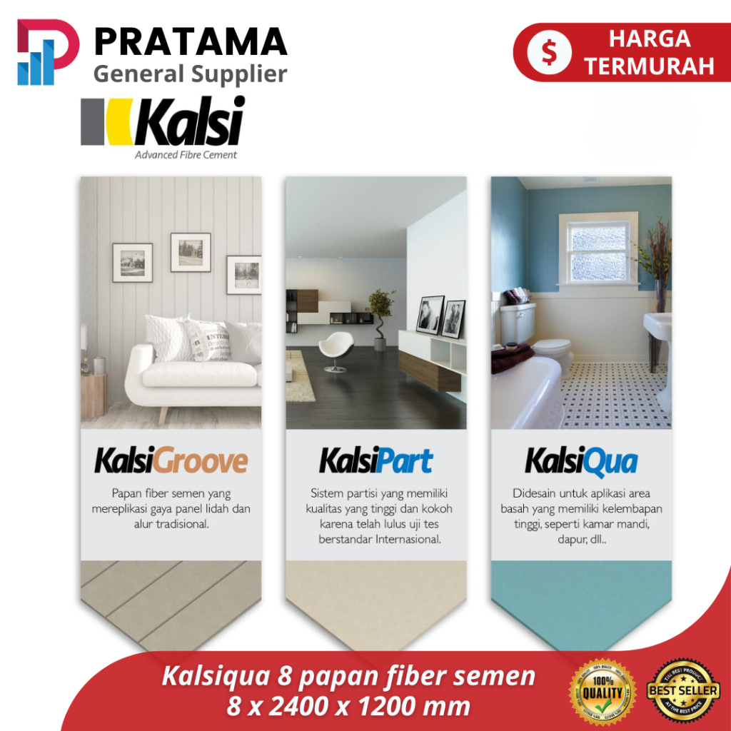 KalsiQua 8 papan fiber semen 100% Bebas Asbes | Aplikasi Partisi Area Basah - ANTI & KEDAP AIR | sur
