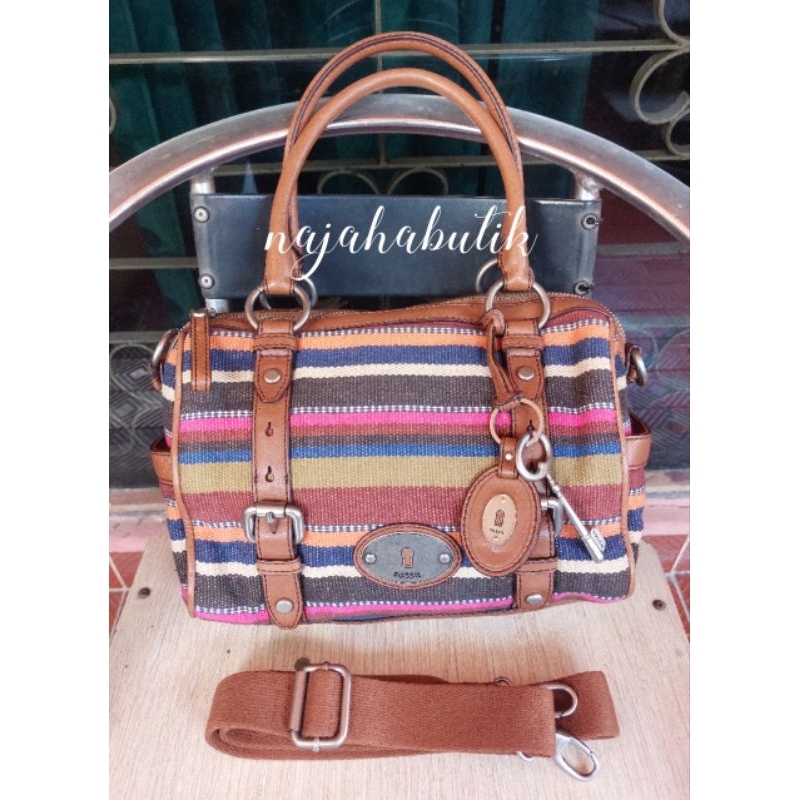 tas fossil maddox speedy large satchel stripes original authentic preloved