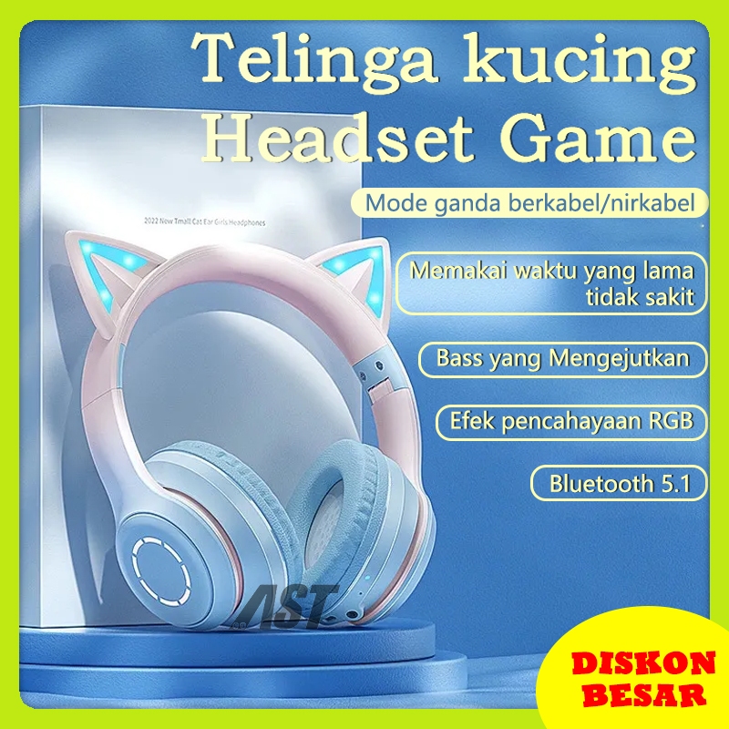 Osr - Kualitas BaikHeadphone kucing cat ear Karakter Bluetooth Wireless RGB headset gaming