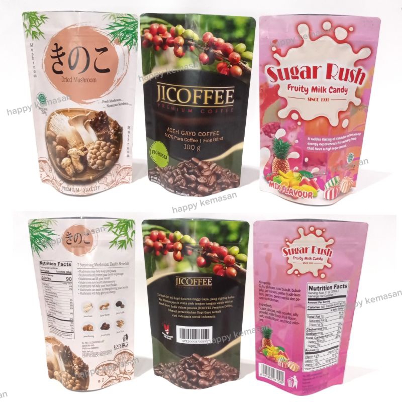 Standing Pouch Alumunium Full Printing Body Stiker ukuran 14x23cm dilengkapi klip, minimum order 500