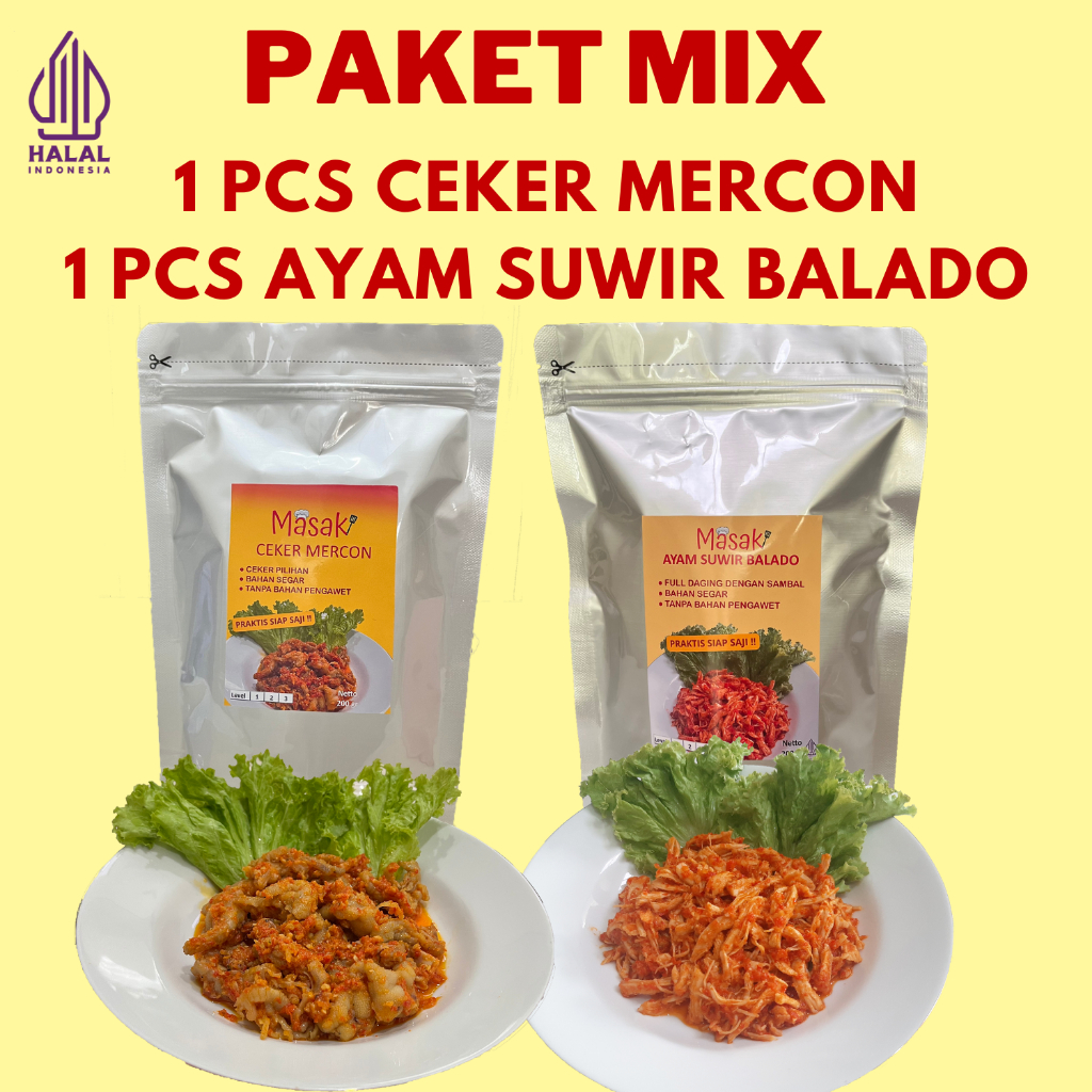 

MASAK PAKET MIX ( 1 PCS CEKER MERCON & 1 PCS AYAM SUWIR BALADO) / CEKER MERCON / AYAM SUWIR / SAMBAL / OSENG MERCON