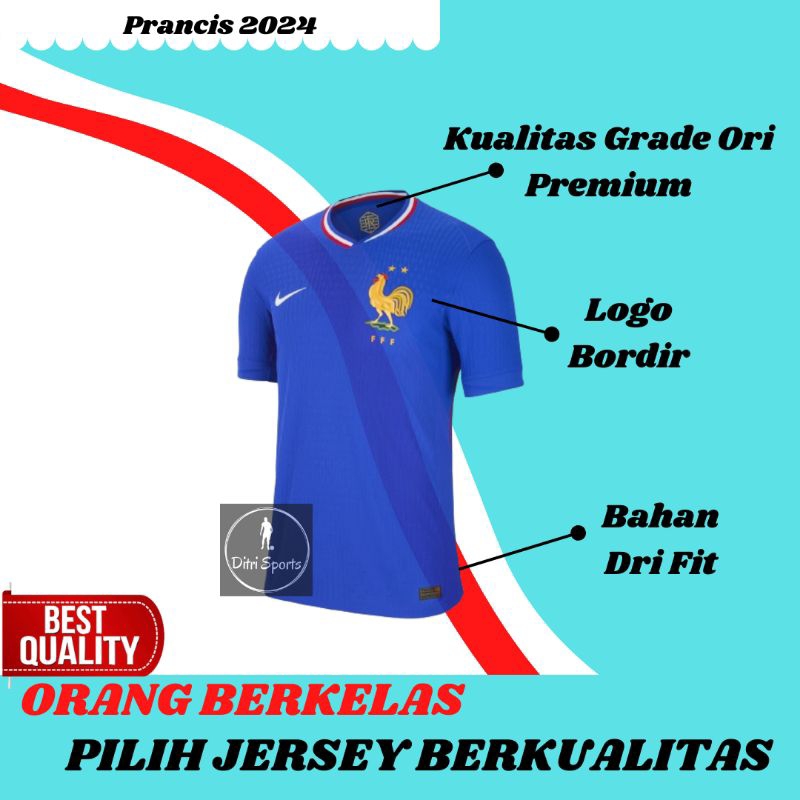 Jersey Prancis Home Piala Eropa 2024 Baju Sepak Bola Mbappe Grade Ori Pria Dewasa