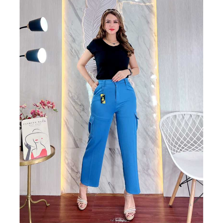 Celana Cargo Wanita Jumbo Bahan Scuba Melar Premium Slimfit