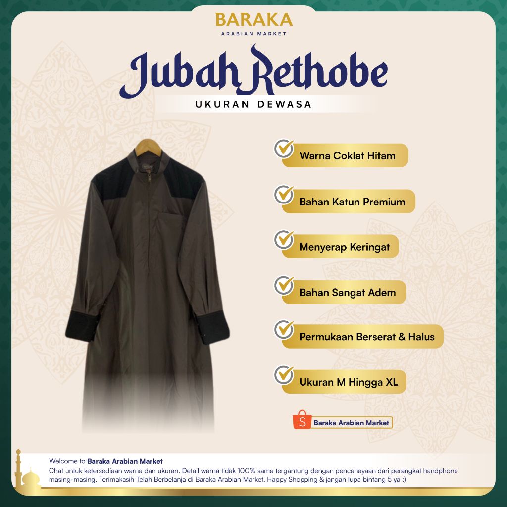 Jubah Gamis Baju Muslim Pria Rethobe Coklat Hitam Lengan Panjang Original Premium Quality Baraka Ara