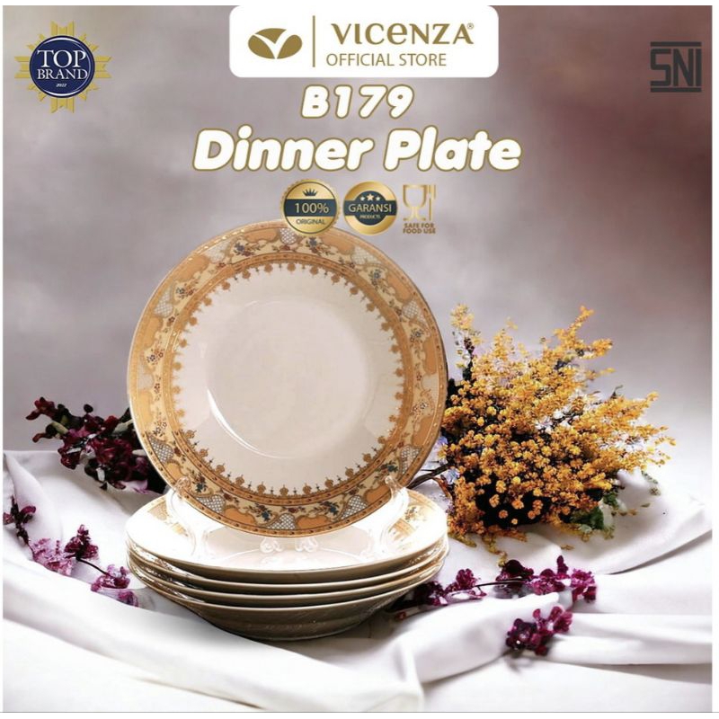Piring Makan Vicenza 9 inch isi 6 pcs B179 CAMELIA piring porselen khusus Desain Ergonomis, higienis