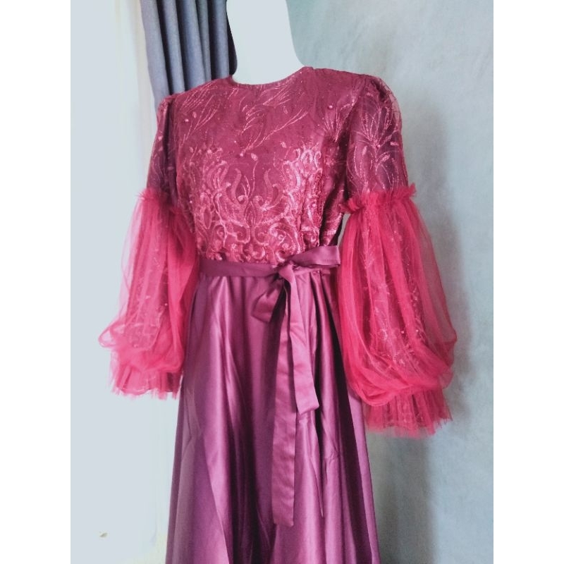 Gamis dress lebaran kondangan brokat satin maroon wine remaja dewasa