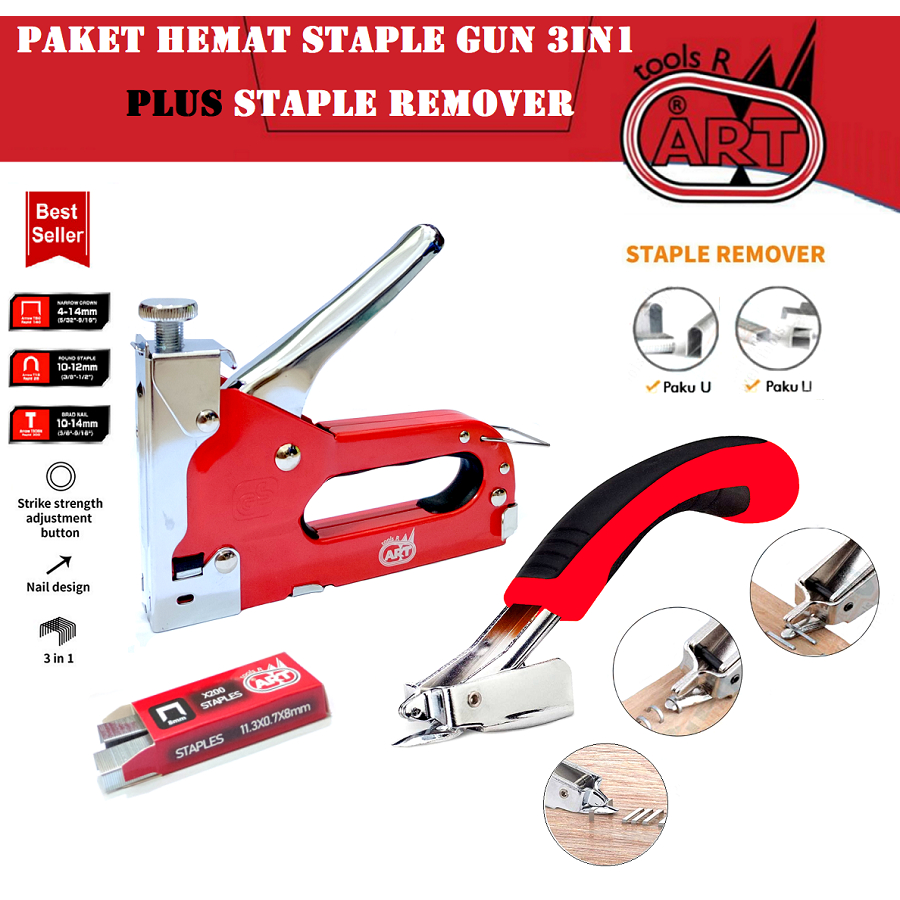 

PAKET HEMAT Staples Tembak 3in1 4 -14mm Staple Gun Hakter PLUS Alat Pencabut Pembuka isi Stapler Nail Pulling