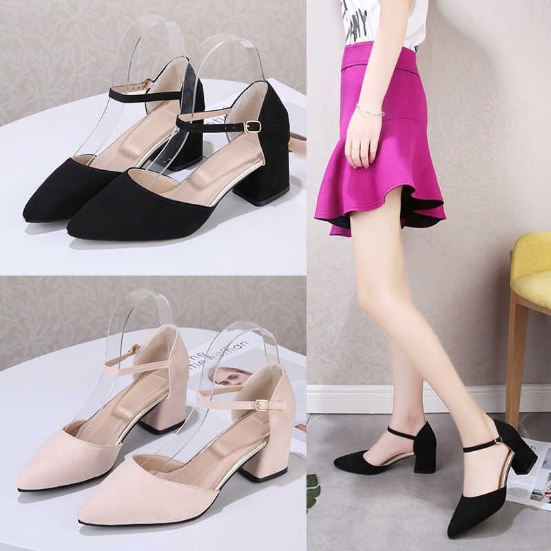 High Heel Hak Tahu Kerja Kotak Chunky Suede 5cm Tali Gesper JD02