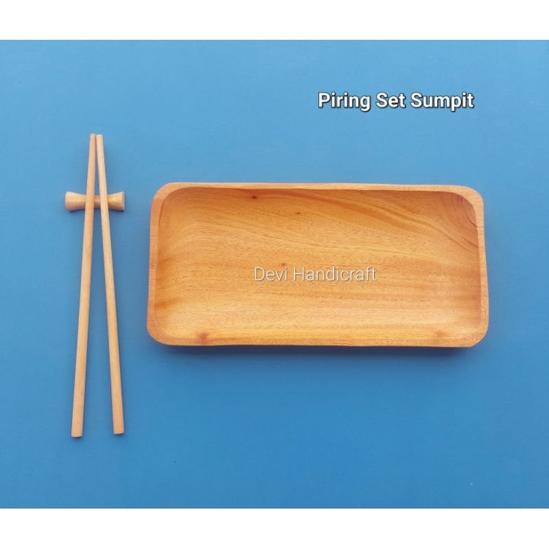 piring kayu/piring sushi/piring saji persegi set sumpit kayu mahoni 12×25cm