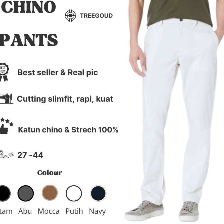 DISKON TREEGOUD CELANA CHINOS PANJANG PRIA CELANA PUTIH PRIA PANJANG CELANA CHINO PUTIH PANJANG PRIA