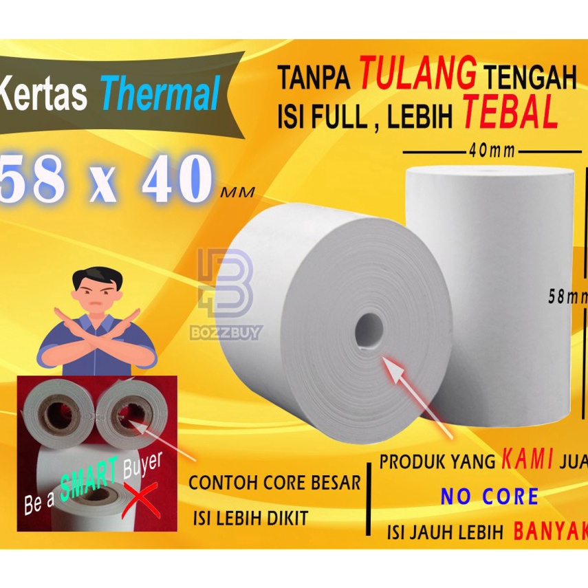 

NAW163 XC26619 Bozzbuy 58 X 4 MM Kertas Struck Printer Thermal TEBAL 58x4mm ISI 1 Roll