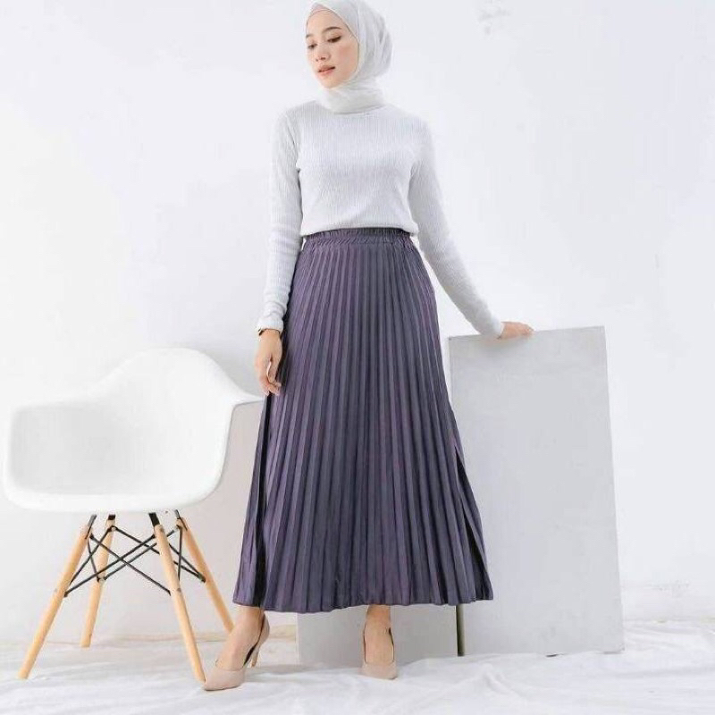 Warna Abu Silver Keunguan Rok Wanita Plisket Import Premium Kekinian