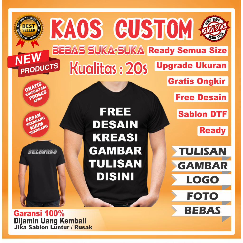 CUSTOM BAJU KAOS T SHISRT TSHRT SABLON CUSTOM CUSTOME COSTUM COSTUME SATUAN LUSINAN DESAIN NAMA KATA