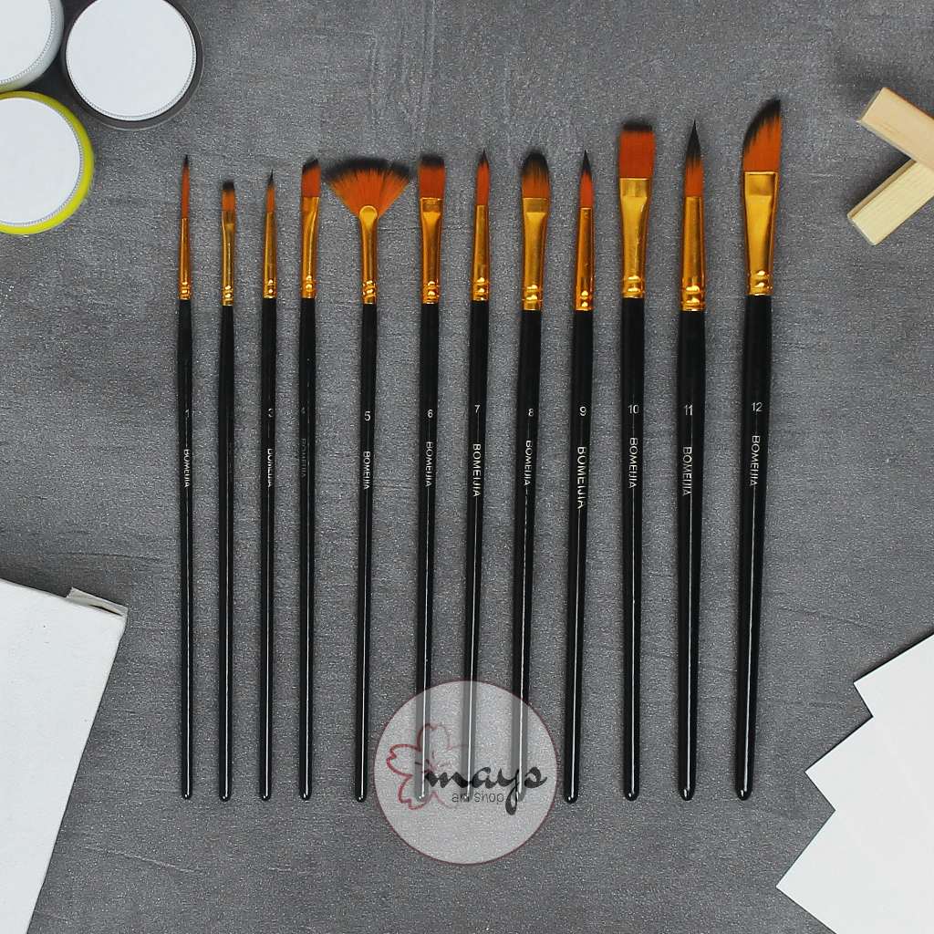 

KUAS LUKIS NILON SET 12 PCS MIX - ARTIST PAINT BRUSH SET KUAS KIPAS FLAT ROUND ANGULAR FILBERT FAN BRUSH NYLON