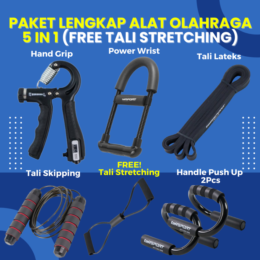 Paket Lengkap Alat Olahraga 5 In 1 | Pull Up | Skipping | Skiping | Alat Penguat Tangan | Hand Grip 