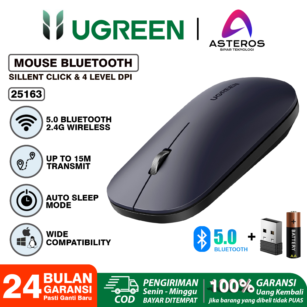 UGREEN Mouse Wireless Silent Klik Dual Koneksi Bluetooth + Dongle For Komputer Laptop Macbook-25163 +BATTERY BLACK