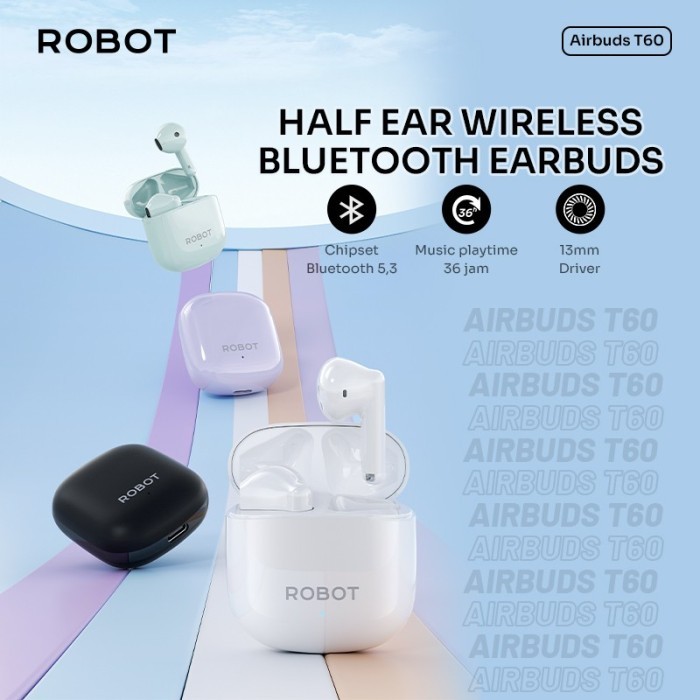 ROBOT T60 Earphone Bluetooth 5.3 Half Ear Wireless Headset 13mm TWS Earbuds Headset True Wireless Ch