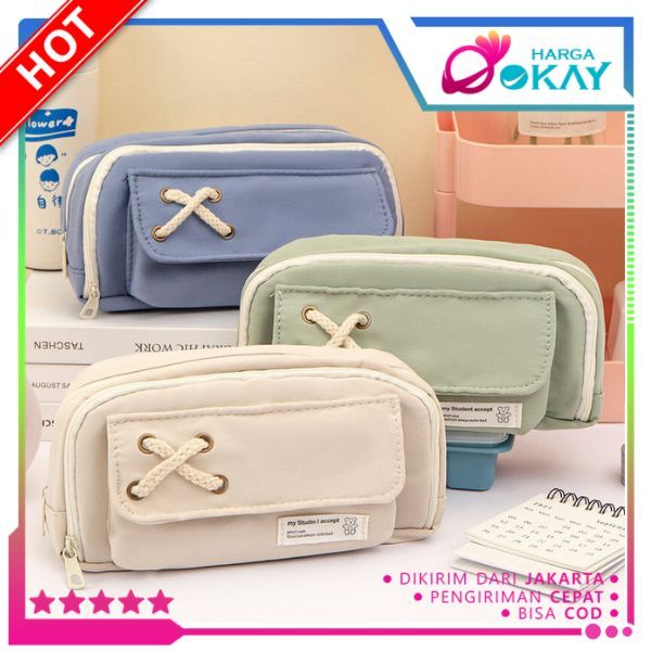 

HO Tempat Pensil Model Pita Silang Kotak Pensil Tali Rami Ritsleting Ganda Bahan Kanvas Pouch Tempat Alat Tulis Perlengkapan Sekolah Kantor Dua Sisi Resleting