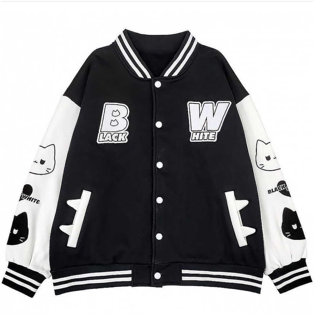 BLACK WHITE VARSITY BLACK WHITE BASEBALL JAKET VARSITY WANITA | VARSITY JAKET KOREAN STYLE | BASEBAL