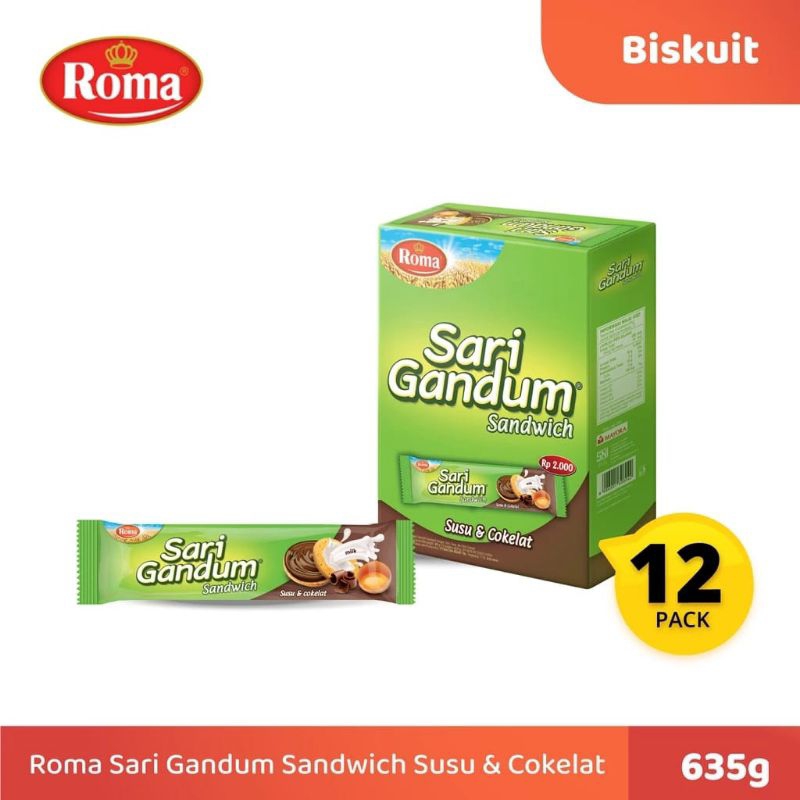 

ROMA SARI GANDUM SANDWICH SUSU COKLAT 1 PAK 12 PC @ 36 GRAM