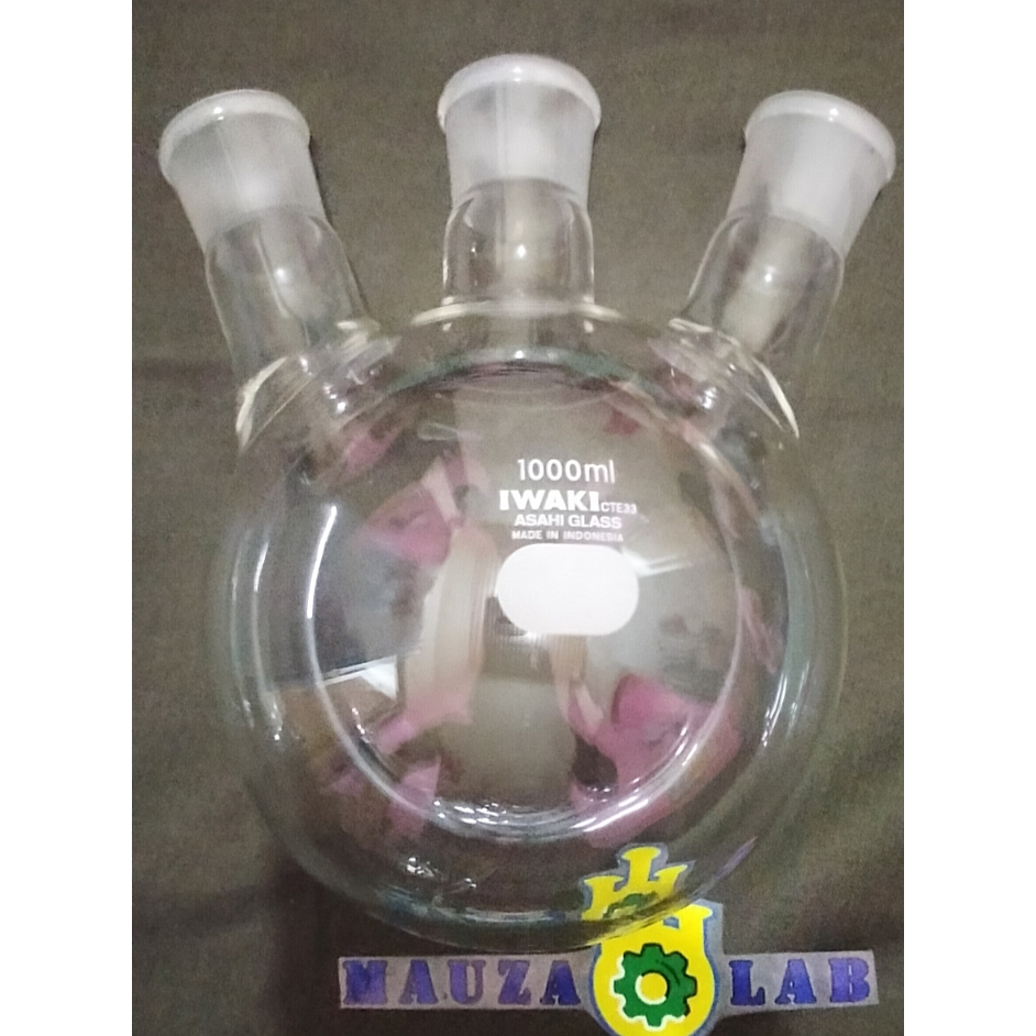 Boiling 3 neck 1000 ml Iwaki labu didih 1000ml iwaki