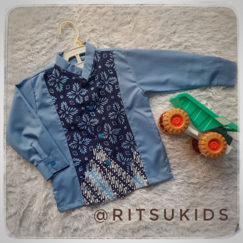 kemko batik anak dan dewasa biru denim / sarimbit / kemeja koko couple