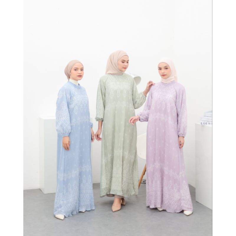 Dress plisket ceruti motif kekinian baju gamis lebaran