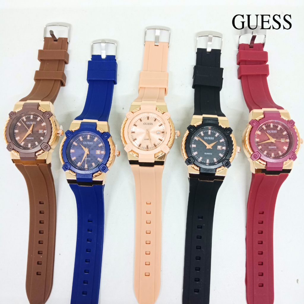 WTT Jam Tangan Wanita Fashion Guess Rubber Bulat Analog Cewek Tali Karet Elegan Clasicc