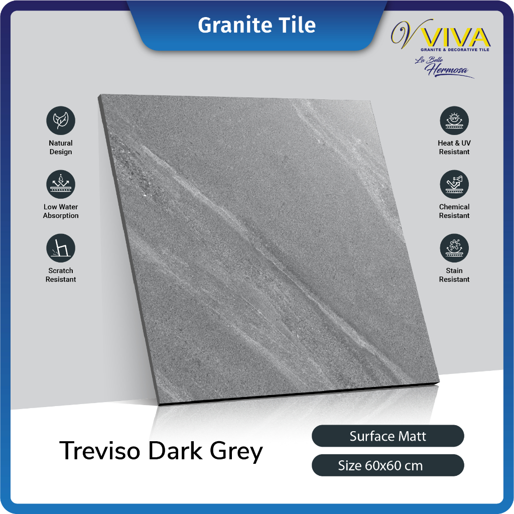 Viva Granite Tile Treviso Dark Grey 60x60 Granit / Kramik Lantai Kasar Kamar Mandi Outdoor