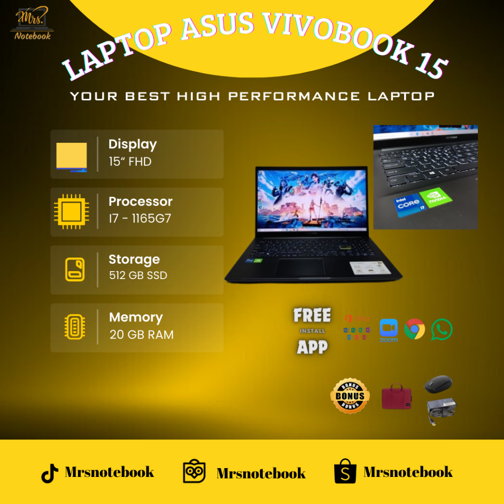 Laptop Asus Vivobook 15 - X513EQ Core i7 Gen 11 Ram 20GB SSD 512GB DUAL VGA NVIDIA Windows 11 - BERG