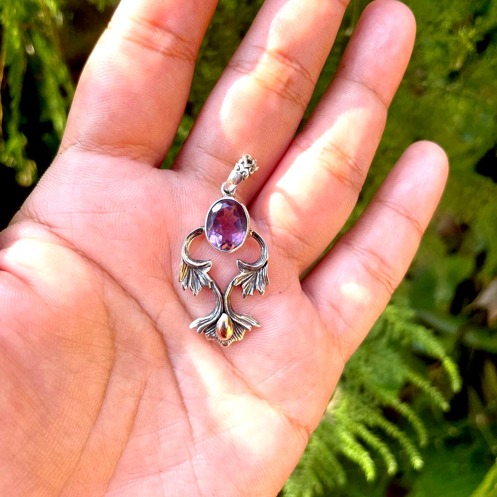 Liontin Kalung Pendant Perak Silver Bali Asli 925 Daun Batu Permata Amethyst Mix Gold Emas 18k Pria 