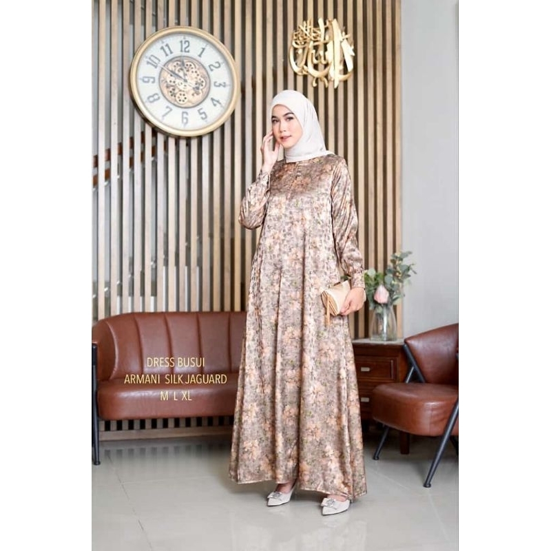 Dress motif gradasi ORI by Kamari gamis syari wanita muslimah Bahan Armani silk hq sutra size Ukuran