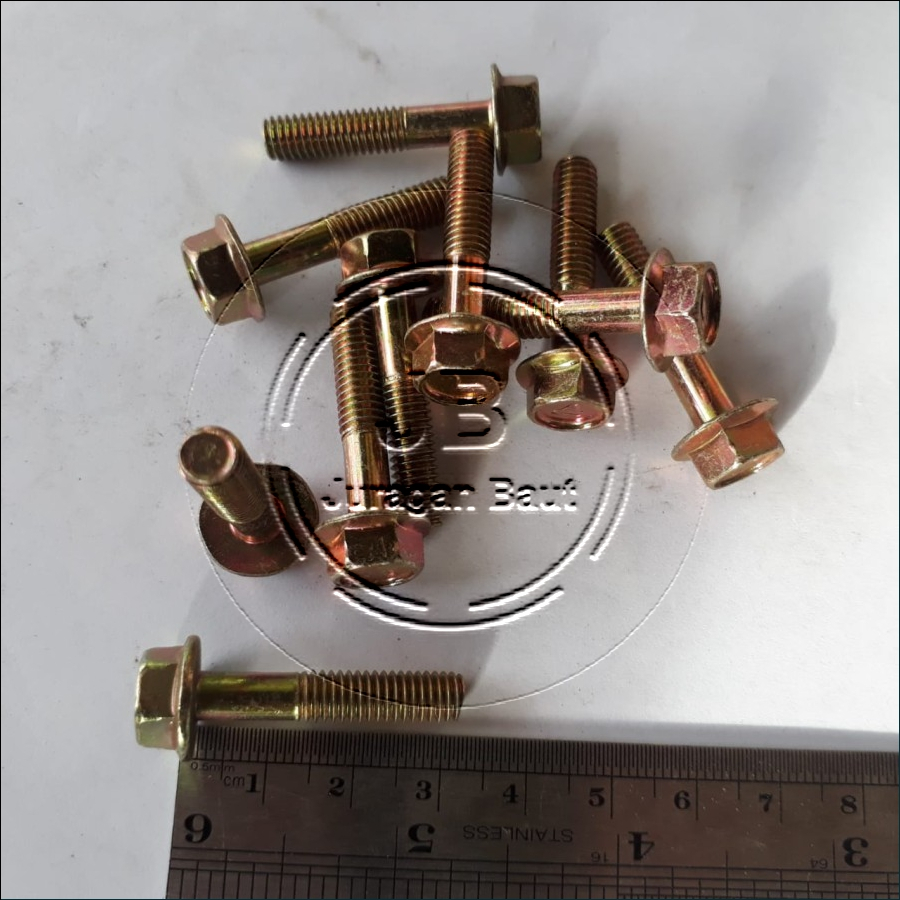 FLANGE BOLT M6 X 30 BAUT M6X30 WARNA KUNING KUNCI 10 PANJANG 3CM 3 CM 30MM DIAMETER BATANG 6MM PITCH