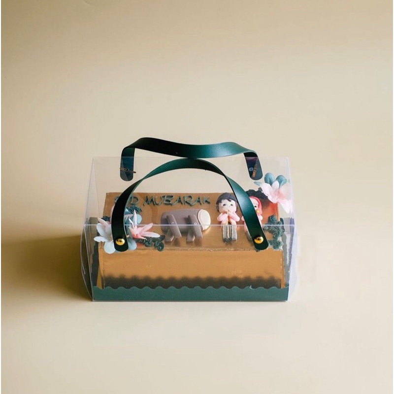 

(Min 5pcs) Transparent Squaew Box Green Leather Handle - Kotak Mika Tali Kulit Hijau