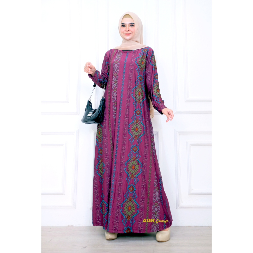 Gamis Wanita Waqiah Bahan Calvin Jeans Motif Batik Size L XXL LD 100 110 Baju Dress Muslim Cantik