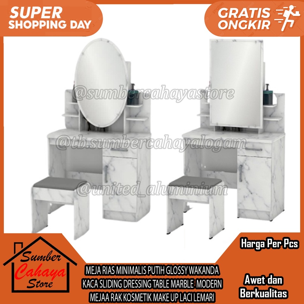 [Kargo] MEJA RIAS MINIMALIS PUTIH GLOSSY WAKANDA CERMIN KACA GESER SLIDING SLEDING DRESSING TABLE MA