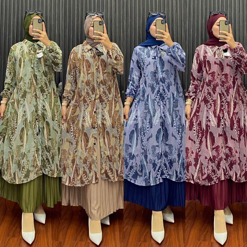 Setelan Long Tunik Hijab dan Rok Plisket Premium / One Set Rok Terbaru