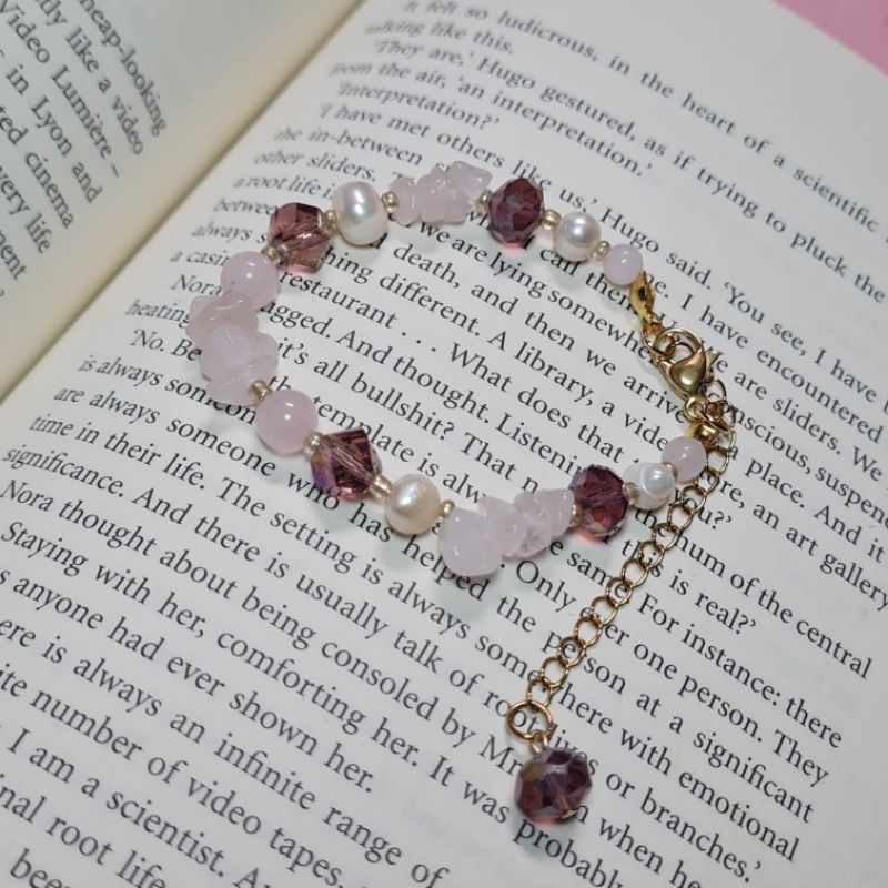 Rose quartz bracelets with crystal and fresh water pearl | gelang manik batu alam asli