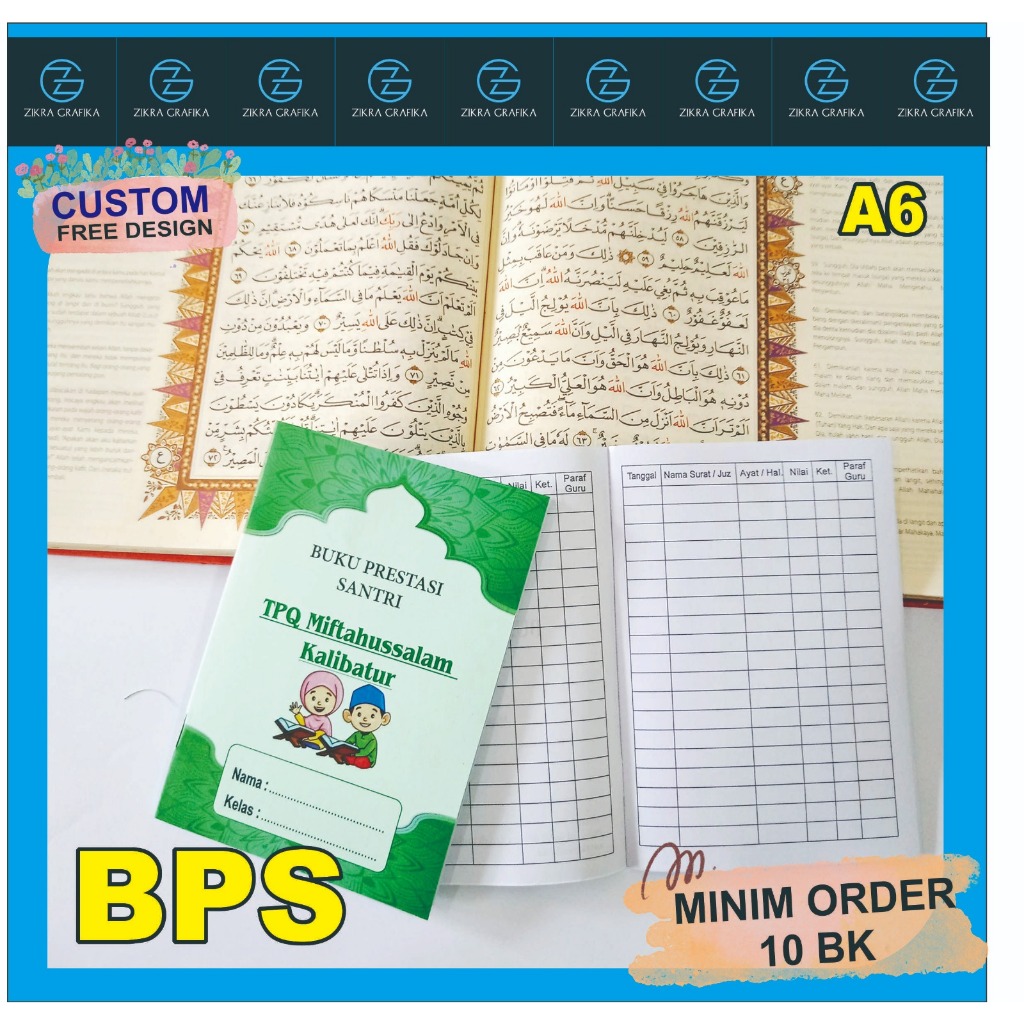 

Buku Prestasi Santri TPQ, Madin, Pondok. BPS Iqra,BPS Hafalan, Custom Nama Lembaga Dan isi.