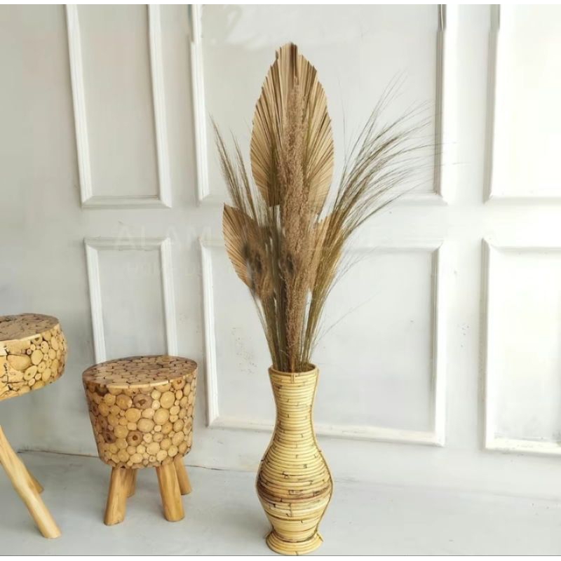 Paket hemat hiasan ruang tamu bunga kering set vas guci rotan