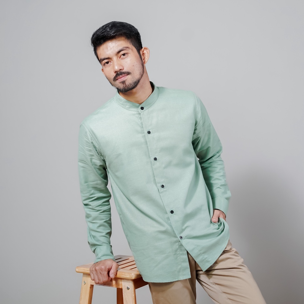 Kemeja Pria Linen Lengan Panjang Kerah Shanghai Warna Sage Green